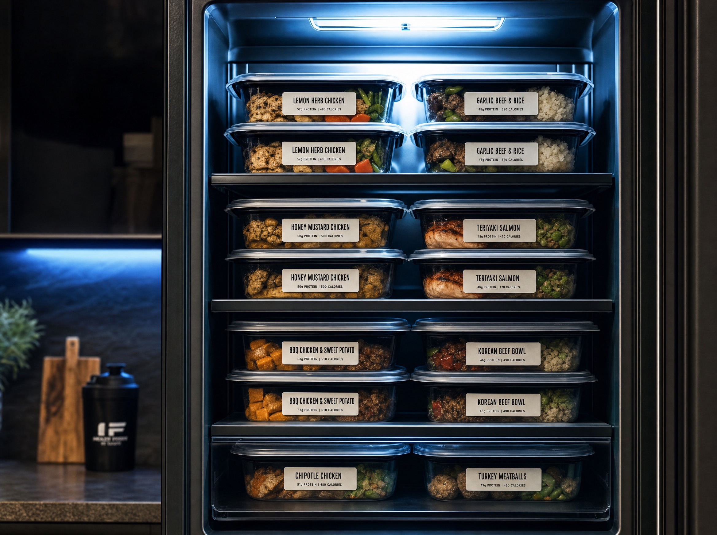 Meal prep containers in the fridge